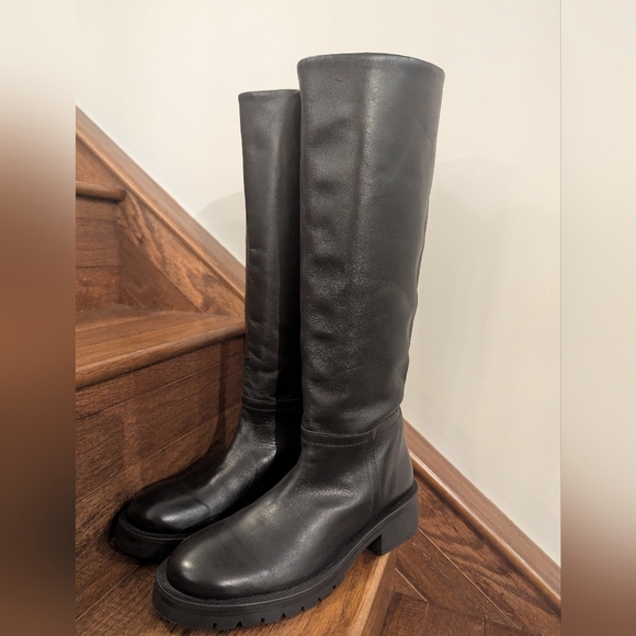 Women's Zara Black vegan Leather Low Heel Knee High Boots SZ 41 pull-on fit. - Picture 11 of 12